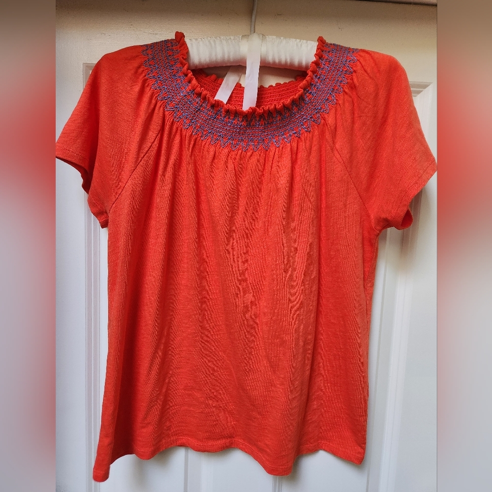 J Crew Factory Women's Orange-Red Smocked Top with Blue Accents